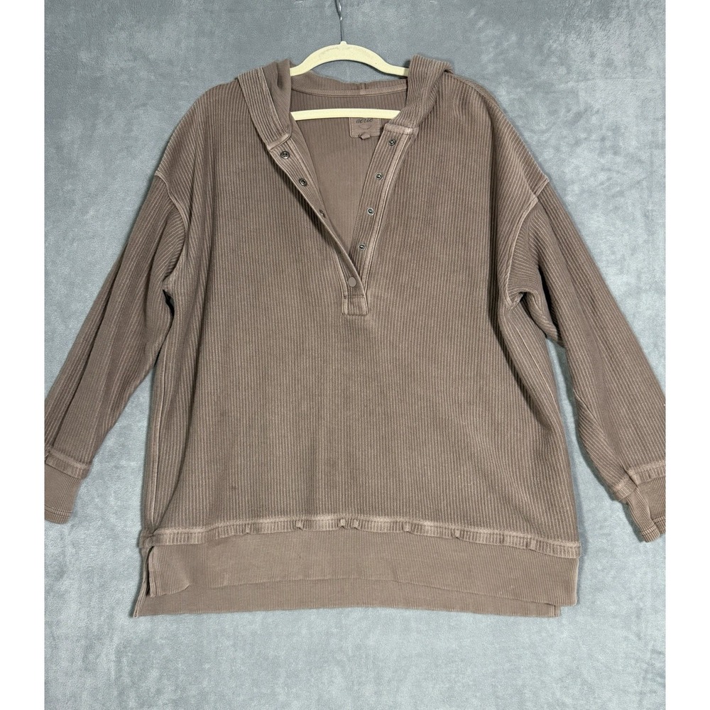 Aerie Henley Women's Hoodie Oversized Ribbed Sweatshirt Pullover Brown Sz Small‎